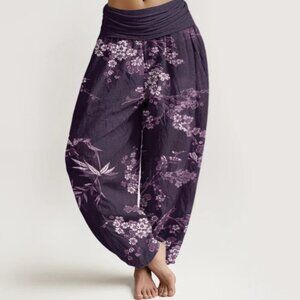 Buddha Stones white sakura flower pattern women's elastic waist harem pants